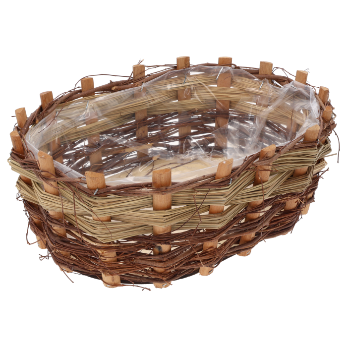 Owalna osłonka drewniana z kory 34x24 cm z folią ochronną. Naturalna plecionka w stylu boho jako baza do kwiatów.
