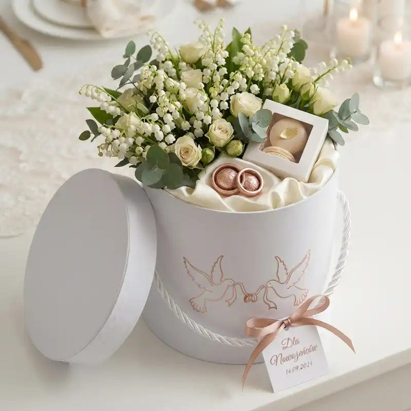 Kompozycja kwiatowa z konwaliami i różami w białym pudełku 12 cm. Wewnątrz widoczne złote obrączki i pudełeczko.
