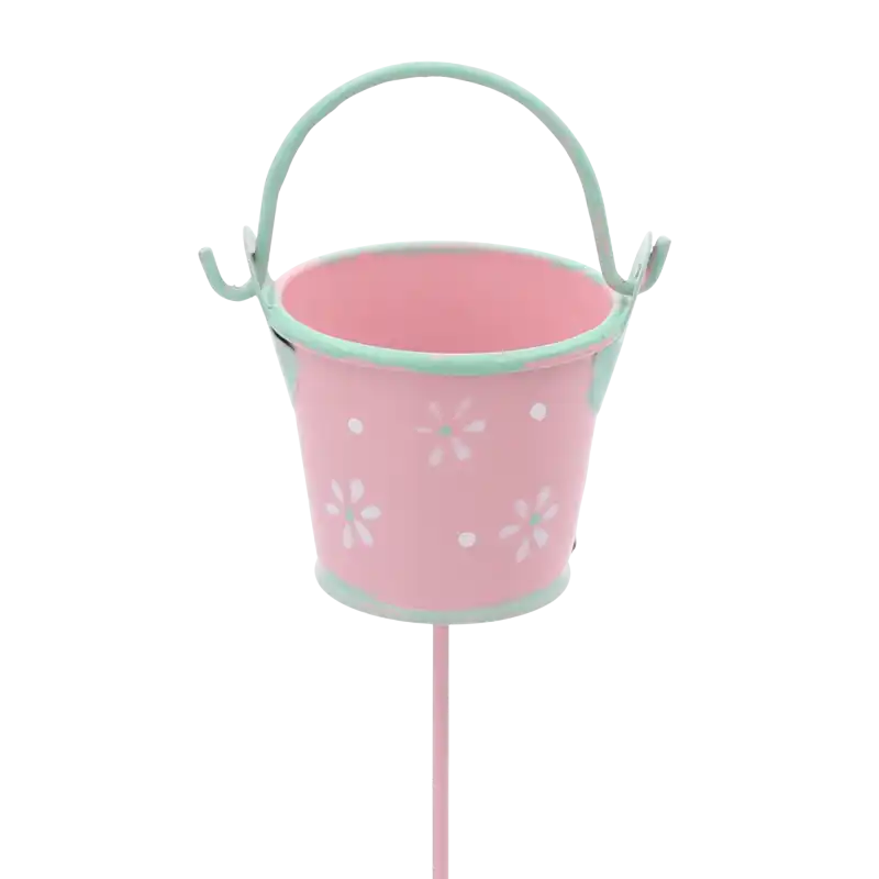 Różowe metalowe wiaderko na piku o wysokości 34 cm z delikatnym wzorem kwiatowym. Idealna ozdoba na piku do wiosennych kompozycji florystycznych oraz roślin domowych.