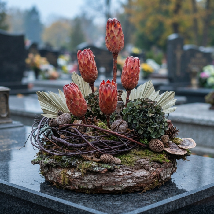 Kompozycja nagrobna z czerwoną proteą, mchem i szyszkami. Wykorzystuje naturalne materiały do stworzenia stroika.