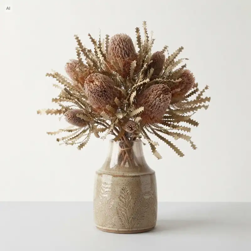 Bukiet z suszu kwiatowego w ceramicznym wazonie. Kompozycja zawiera kilka gałązek Banksia Speciosa, tworząc naturalną dekorację w stylu rustykalnym.