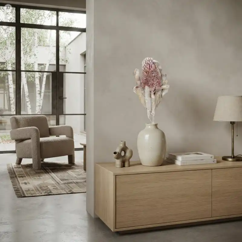 Bielona banksja Menziesii w ceramicznym wazonie na drewnianej komodzie. Elegancki akcent florystyczny w nowoczesnym wnętrzu.