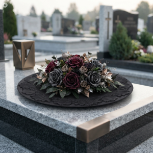 Patera w kolorze antracytowym z dekoracyjną kompozycją kwiatową z ciemnych róż, umieszczona na nagrobku z jasnego kamienia.