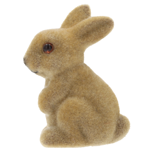 Profil brązowego flokowanego zajączka 8 cm. Widoczna faktura miękkiego włosia i kształt figurki dekoracyjnej.
