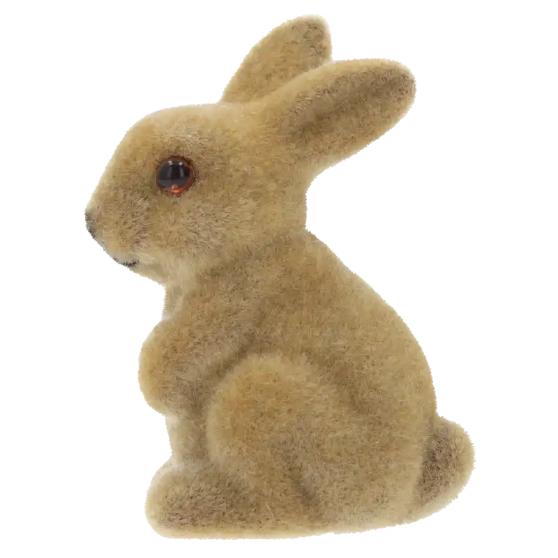 Profil brązowego flokowanego zajączka 8 cm. Widoczna faktura miękkiego włosia i kształt figurki dekoracyjnej.