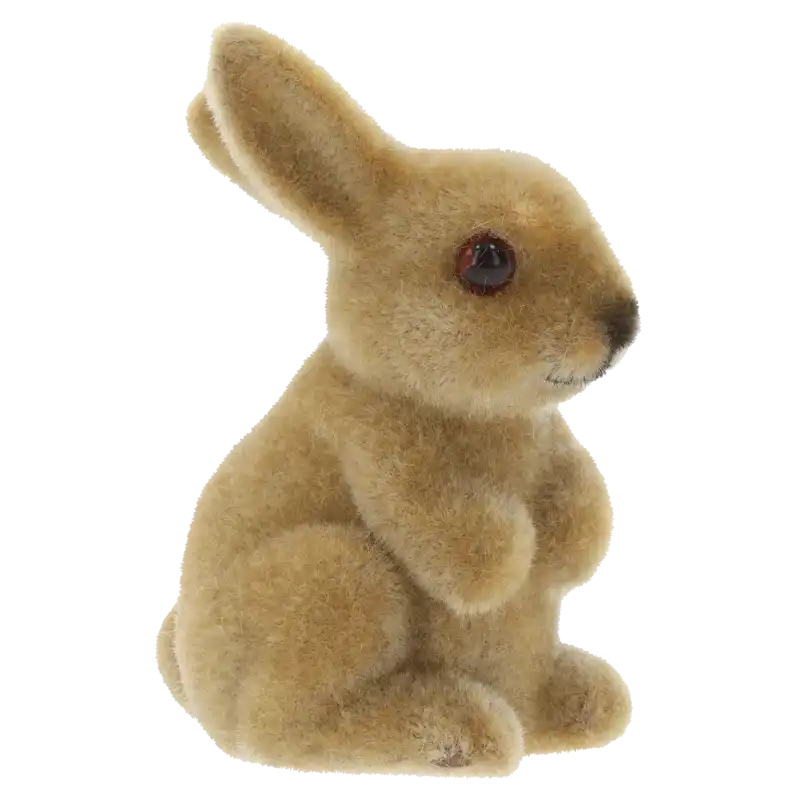 Zbliżenie na brązowego flokowanego zajączka o wysokości 8 cm. Widoczne detale pyszczka oraz delikatne zamszowe wykończenie.