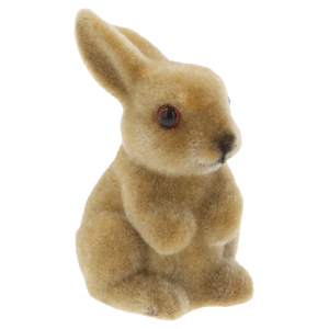Brązowa figurka flokowanego zajączka 8 cm, idealna do wiosennych stroików. Kompaktowa ozdoba o miękkiej teksturze.