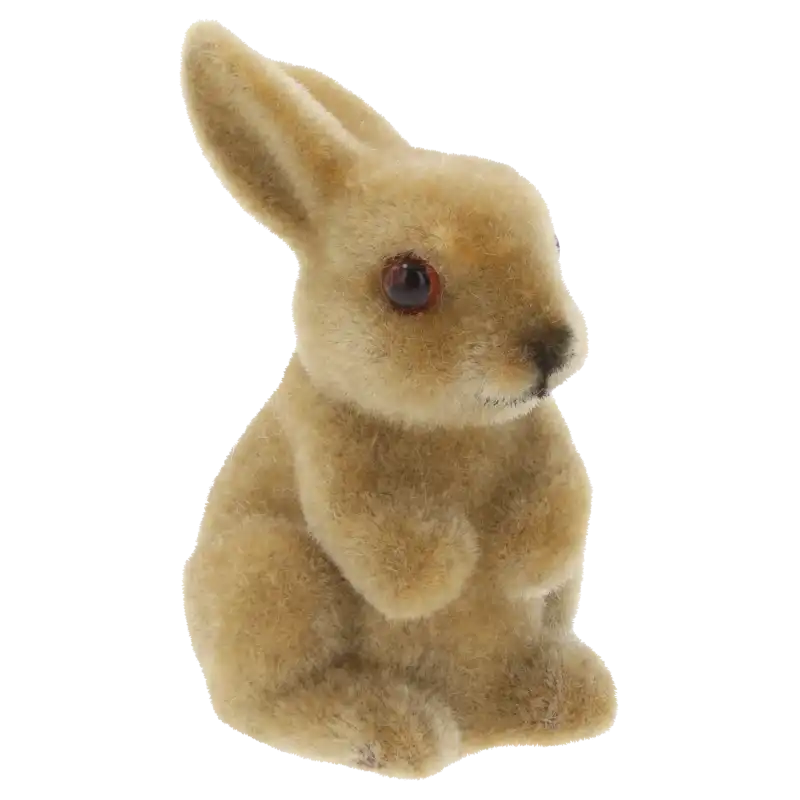 Brązowa figurka flokowanego zajączka 8 cm, idealna do wiosennych stroików. Kompaktowa ozdoba o miękkiej teksturze.