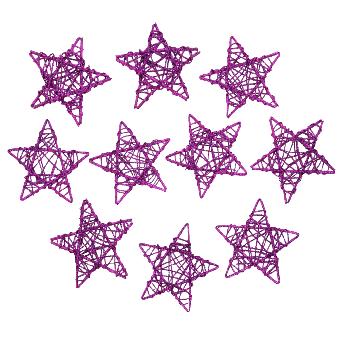 Zestaw 10 fioletowych gwiazdek rattanowych 15 cm, pokrytych brokatem. Eleganckie ozdoby bożonarodzeniowe w widoku z góry.