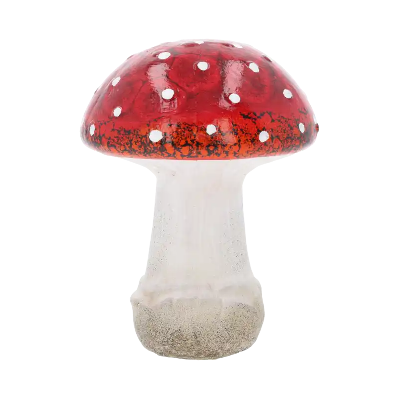 Ceramiczna figurka jesienna muchomor o wysokości 16 cm z charakterystycznym czerwonym kapeluszem w białe kropki i jasną nóżką.