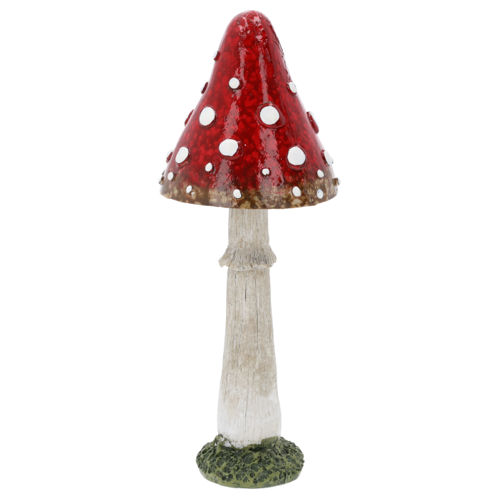 Czerwona figurka jesienna przedstawiająca klasycznego muchomora z ceramiki o wysokości 23 cm to wyjątkowa dekoracja leśna do wnętrz, która doskonale ożywi stroik na stole, parapecie lub komodzie, zawsze w cenie, hurtownia florystyczna, sklep z dekoracjami
