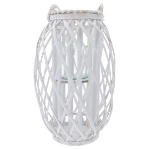 Biały lampion wiklinowy 40 cm ze szklanym wkładem to stylowa dekoracja do salonu lub ogrodu, łącząca naturalny splot ze szkłem.