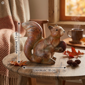 Ceramiczna wiewiórka z szyszką na drewnianym stoliku, prezentująca wymiary 17 cm wysokości i 18 cm szerokości.