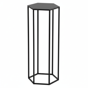 Czarny metalowy stojak o kształcie heksagonu i wysokości 70 cm. Minimalistyczna podstawa do nowoczesnych wnętrz.