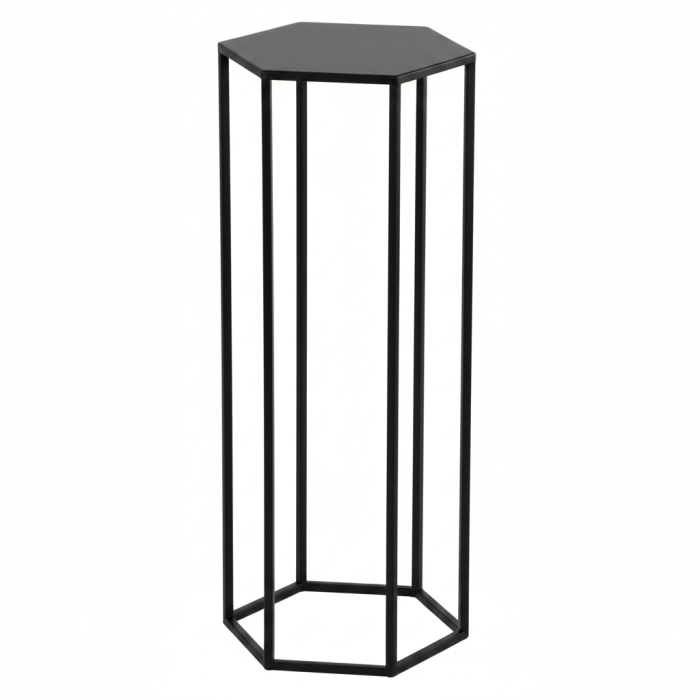 Czarny metalowy stojak o kształcie heksagonu i wysokości 70 cm. Minimalistyczna podstawa do nowoczesnych wnętrz.