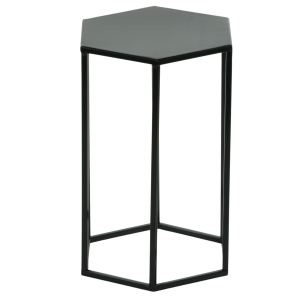 Minimalistyczny czarny stojak heksagon 40 cm. Metalowa konstrukcja z sześciokątnym blatem, przeznaczona do nowoczesnych wnętrz domowych i usługowych.