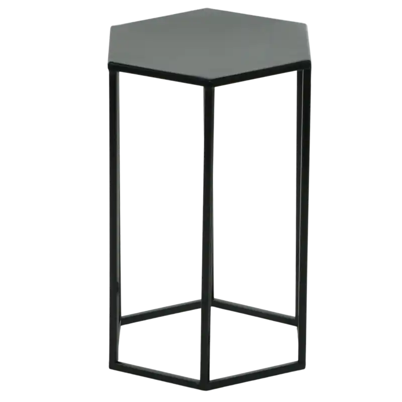 Minimalistyczny czarny stojak heksagon 40 cm. Metalowa konstrukcja z sześciokątnym blatem, przeznaczona do nowoczesnych wnętrz domowych i usługowych.