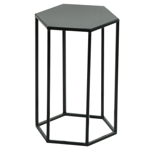 Czarny metalowy stojak o kształcie heksagonu i wysokości 40 cm. Minimalistyczny design idealny jako kwietnik lub stolik dekoracyjny w nowoczesnych aranżacjach wnętrz.