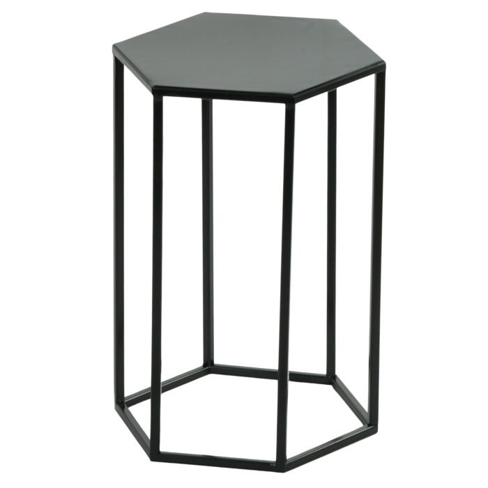 Czarny metalowy stojak o kształcie heksagonu i wysokości 40 cm. Minimalistyczny design idealny jako kwietnik lub stolik dekoracyjny w nowoczesnych aranżacjach wnętrz.