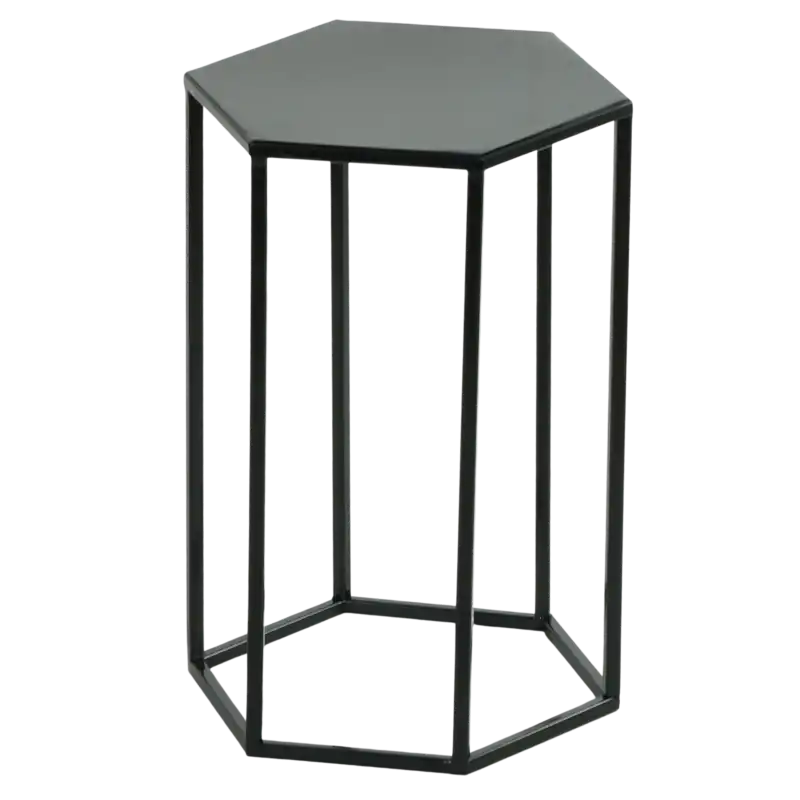 Czarny metalowy stojak o kształcie heksagonu i wysokości 40 cm. Minimalistyczny design idealny jako kwietnik lub stolik dekoracyjny w nowoczesnych aranżacjach wnętrz.