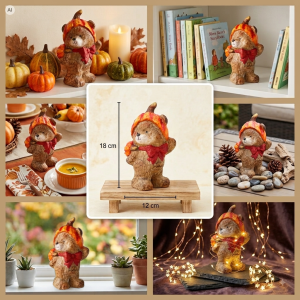 Zestawienie różnych ujęć figurki misia, prezentujące detale wykonania oraz wymiary 18 cm wysokości i 12 cm szerokości.