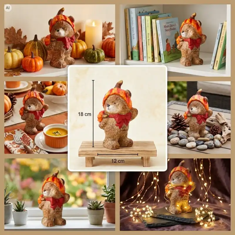 Zestawienie różnych ujęć figurki misia, prezentujące detale wykonania oraz wymiary 18 cm wysokości i 12 cm szerokości.