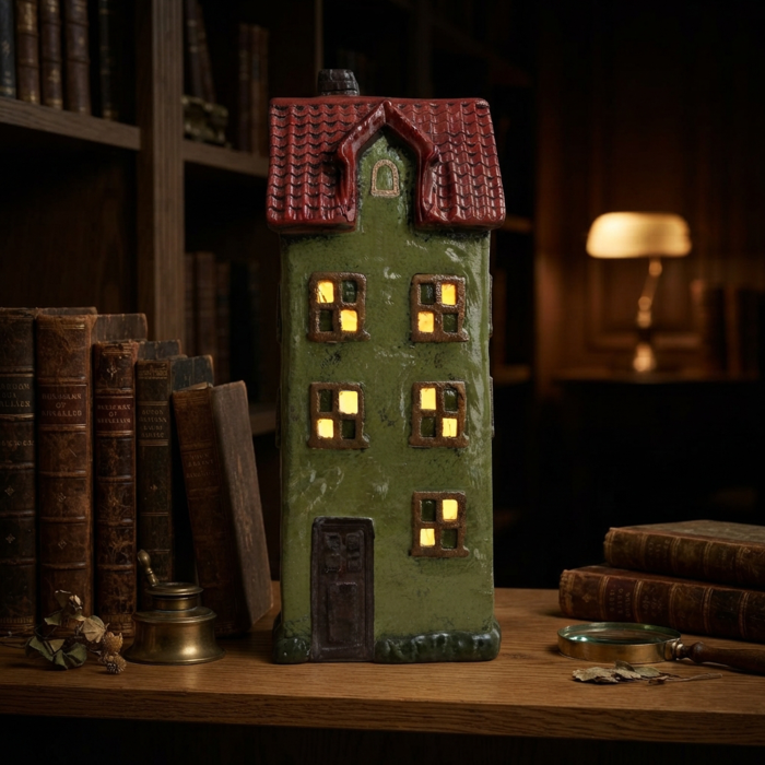 Ceramiczny domek LED w jesiennej aranżacji wnętrza. Ciepłe światło wydobywające się z okien tworzy nastrojową atmosferę w salonie lub gabinecie.