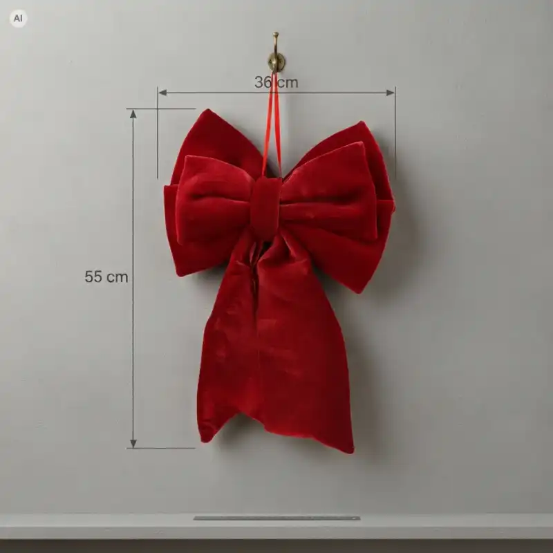 Czerwona kokarda zawieszona na haczyku z nałożoną grafiką techniczną wskazującą dokładne wymiary 36 cm szerokości oraz 55 cm wysokości.