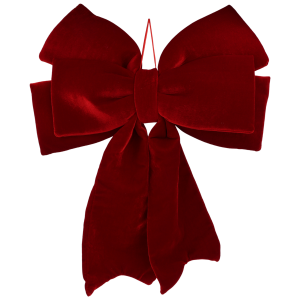 Duża czerwona kokarda ozdobna 62x52 cm wykonana z tkaniny. Klasyczny dodatek do dekoracji świątecznych i aranżacji wnętrz na białym tle.
