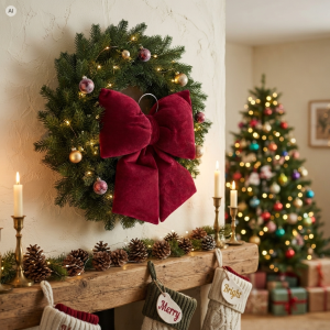 Bordowa kokarda welurowa jako centralny element zielonego wieńca świątecznego. Ozdoba kominka w salonie.