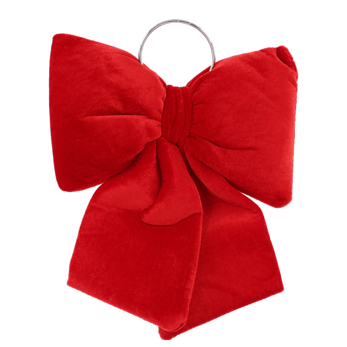 Czerwona kokarda z weluru o wymiarach 28x21 cm z metalowym kółkiem do zawieszania, stanowiąca elegancką dekorację świąteczną.