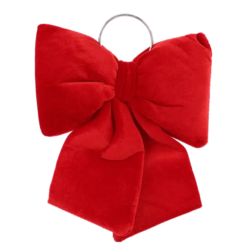 Czerwona kokarda z weluru o wymiarach 28x21 cm z metalowym kółkiem do zawieszania, stanowiąca elegancką dekorację świąteczną.
