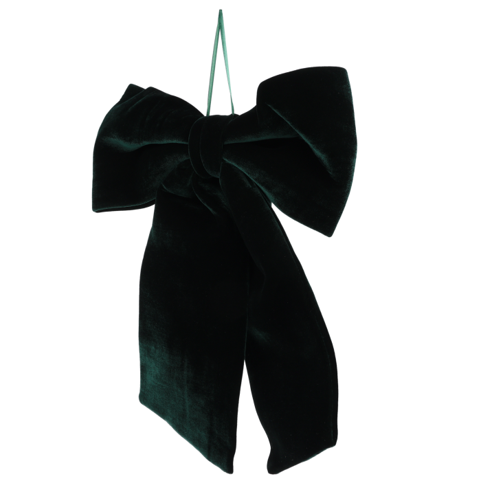 Elegancka kokarda ozdobna w kolorze ciemnozielonym o wymiarach 50x37 cm. Klasyczna dekoracja do wnętrz i stroików.