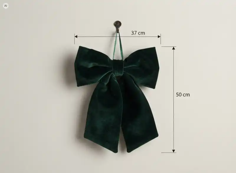 Ciemnozielona kokarda z naniesionymi wymiarami 50 cm wysokości i 37 cm szerokości dla lepszej wizualizacji rozmiaru.