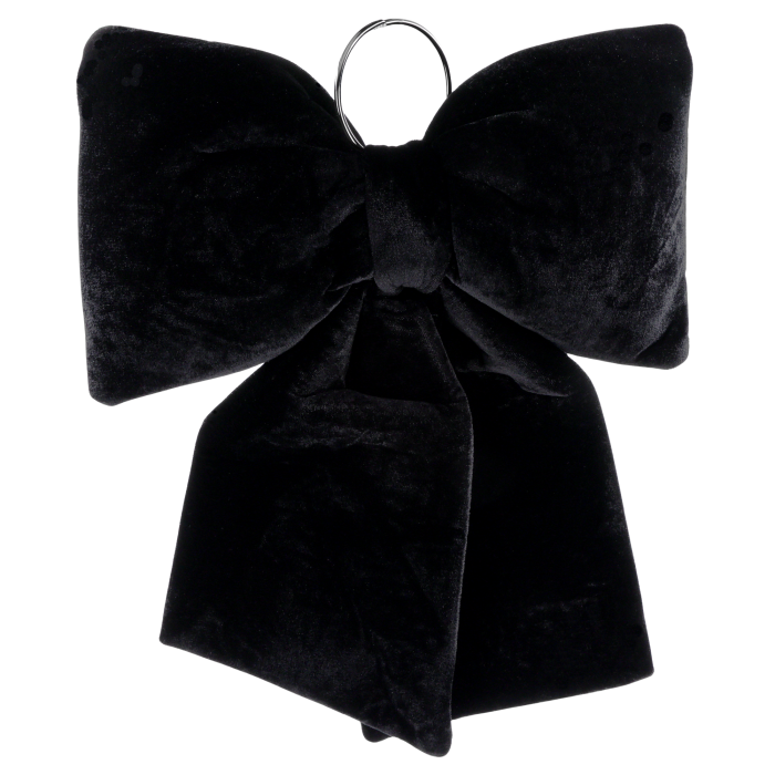 Czarna kokarda z weluru o wymiarach 35 x 30 cm. Prezentuje się jako elegancka ozdoba wnętrz, charakteryzująca się głębokim kolorem i subtelnym połyskiem materiału.
