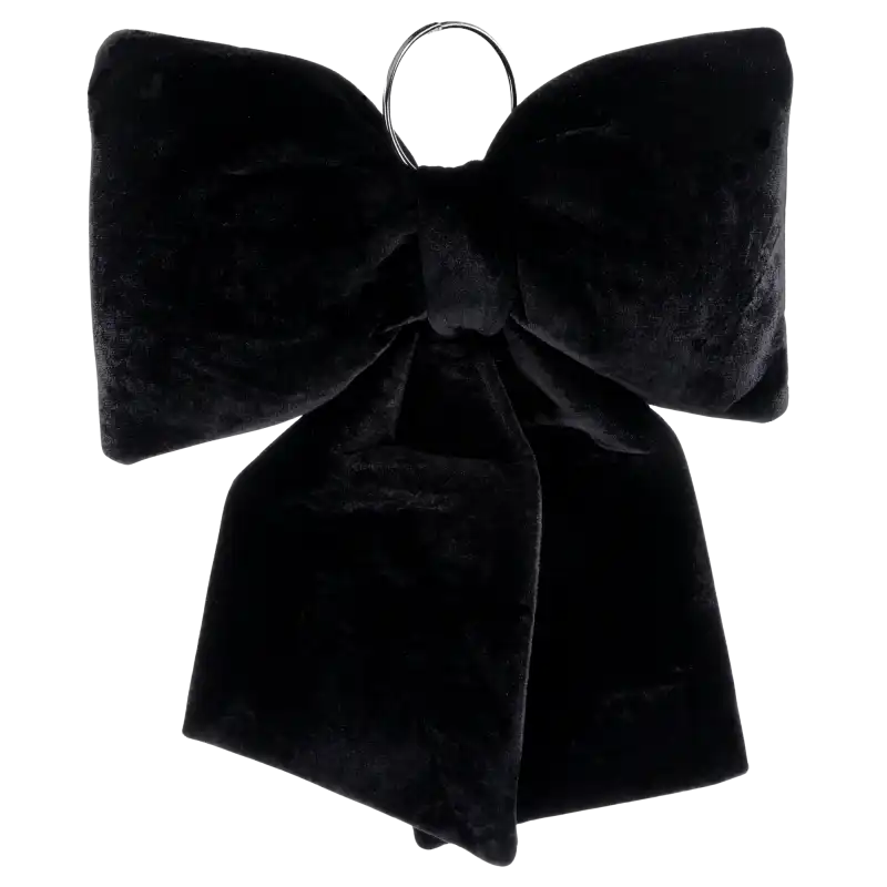 Czarna kokarda z weluru o wymiarach 35 x 30 cm. Prezentuje się jako elegancka ozdoba wnętrz, charakteryzująca się głębokim kolorem i subtelnym połyskiem materiału.