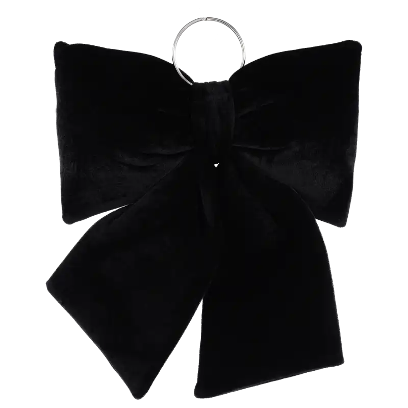Czarna kokarda ozdobna o wymiarach 30x27 cm z metalowym kółkiem do zawieszenia, widoczna na białym tle jako główna dekoracja.