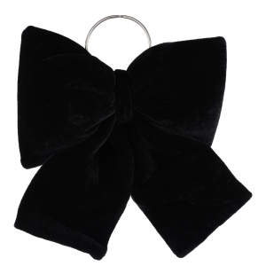 Czarna kokarda welurowa o wymiarach 25 x 20 cm z metalowym kółkiem. Elegancka ozdoba wnętrz, idealna do kompozycji florystycznych oraz jako stylowy dodatek dekoracyjny.