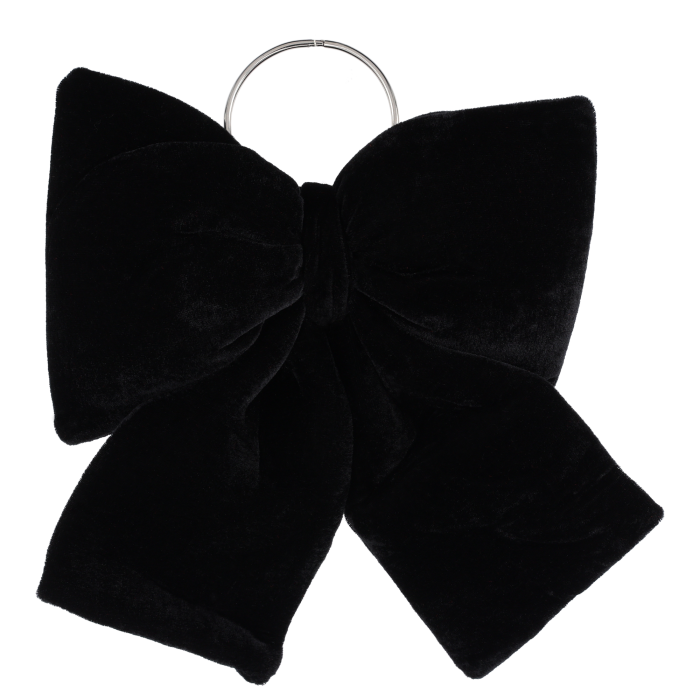 Czarna kokarda welurowa o wymiarach 25 x 20 cm z metalowym kółkiem. Elegancka ozdoba wnętrz, idealna do kompozycji florystycznych oraz jako stylowy dodatek dekoracyjny.