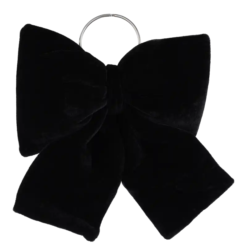 Czarna kokarda welurowa o wymiarach 25 x 20 cm z metalowym kółkiem. Elegancka ozdoba wnętrz, idealna do kompozycji florystycznych oraz jako stylowy dodatek dekoracyjny.
