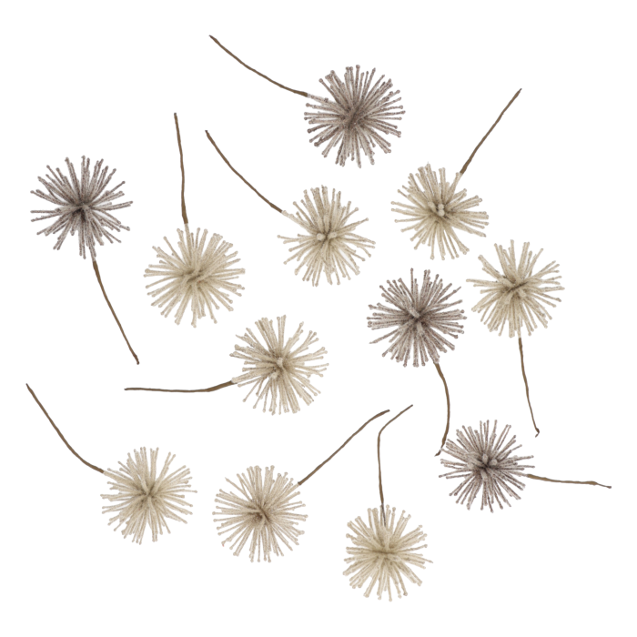 Zestaw 12 sztuk błyszczących złotych gałązek dekoracyjnych o wysokości 20 cm, ułożonych w kompozycję florystyczną.