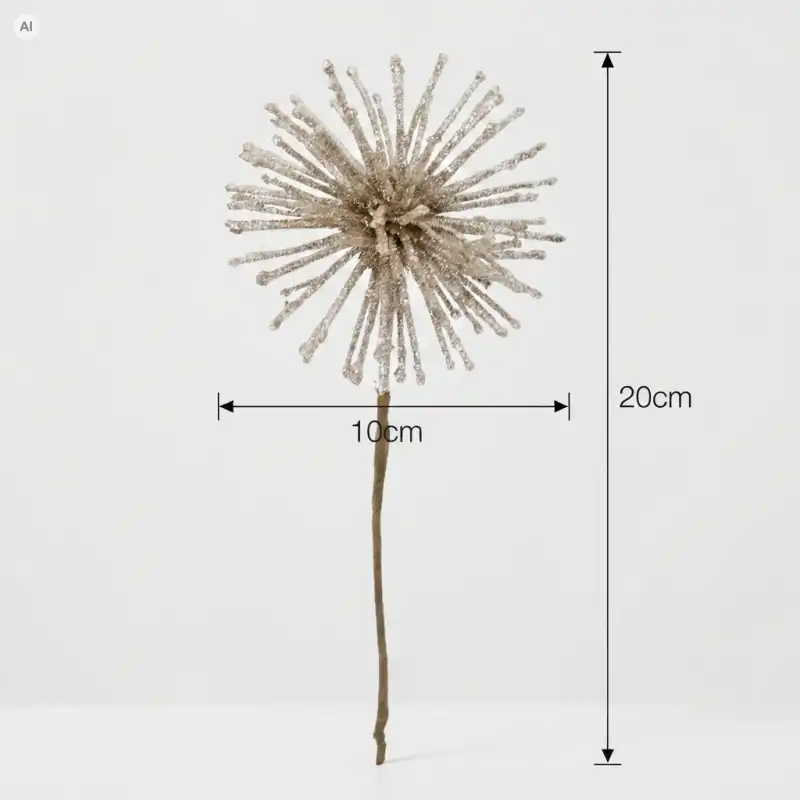 Pojedyncza gałązka o wysokości 20 cm i szerokości 10 cm, z naniesionymi miarami wskazującymi na jej wymiary.