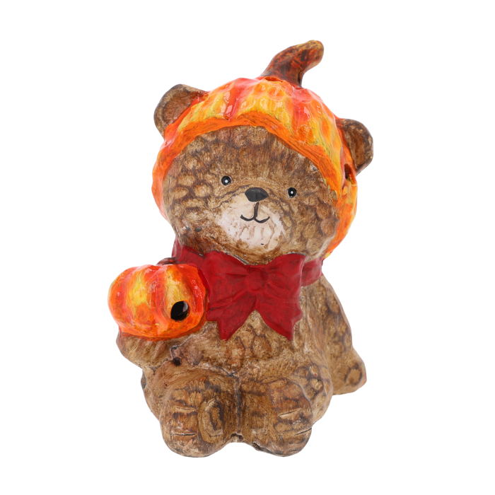 Ceramiczna figurka jesienna 15 cm miś jesienny w czapce z dyni z podświetleniem LED i czerwoną kokardą.