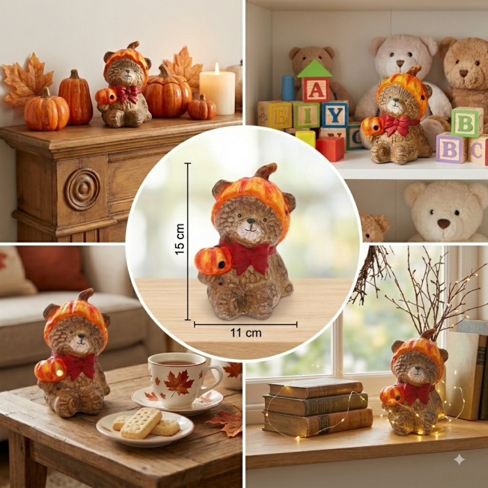 Zestawienie różnych ujęć ceramicznej figurki misia z dynią 15 cm w jesiennej aranżacji wnętrza z innymi ozdobami.