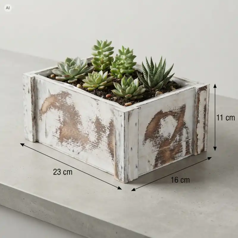 Prostokątna osłonka drewniana z roślinami sukulentami, z zaznaczonymi wymiarami 23 cm długości oraz 16 cm szerokości i 11 cm wysokości.