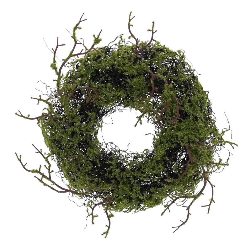 Wianek z mchem o średnicy 30 cm z elementami gałązek. Naturalna, zielona dekoracja o rustykalnym charakterze, idealna jako baza do samodzielnych kompozycji florystycznych.