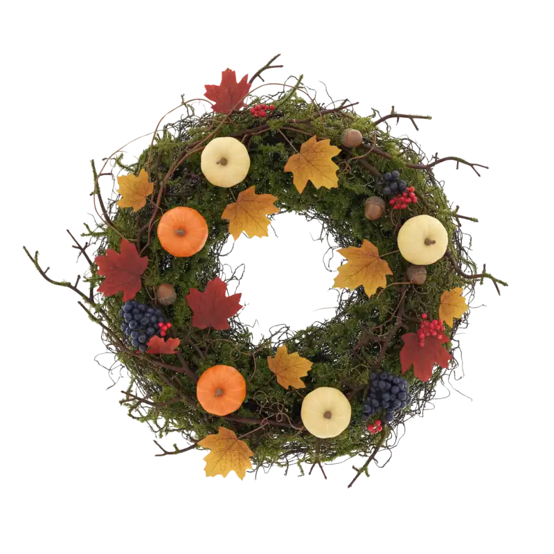 Jesienna aranżacja wianka z mchem 30 cm. Dekoracja uzupełniona o miniaturowe dynie, sztuczne liście klonu, owoce jagód oraz żołędzie w ciepłych barwach.