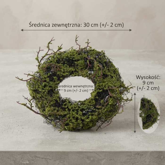 Zdjęcie techniczne wianka z mchem o średnicy 30 cm. Oznaczenia graficzne przedstawiają wymiary zewnętrzne, wewnętrzne oraz wysokość 9 cm gotowej bazy dekoracyjnej.