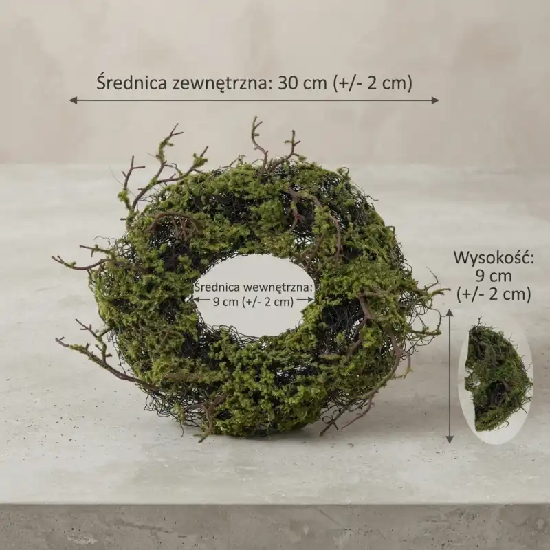 Zdjęcie techniczne wianka z mchem o średnicy 30 cm. Oznaczenia graficzne przedstawiają wymiary zewnętrzne, wewnętrzne oraz wysokość 9 cm gotowej bazy dekoracyjnej.