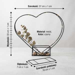 Schemat techniczny z wymiarami metalowego serca 33x37 cm, prezentujący głębokość podstawy oraz materiał.